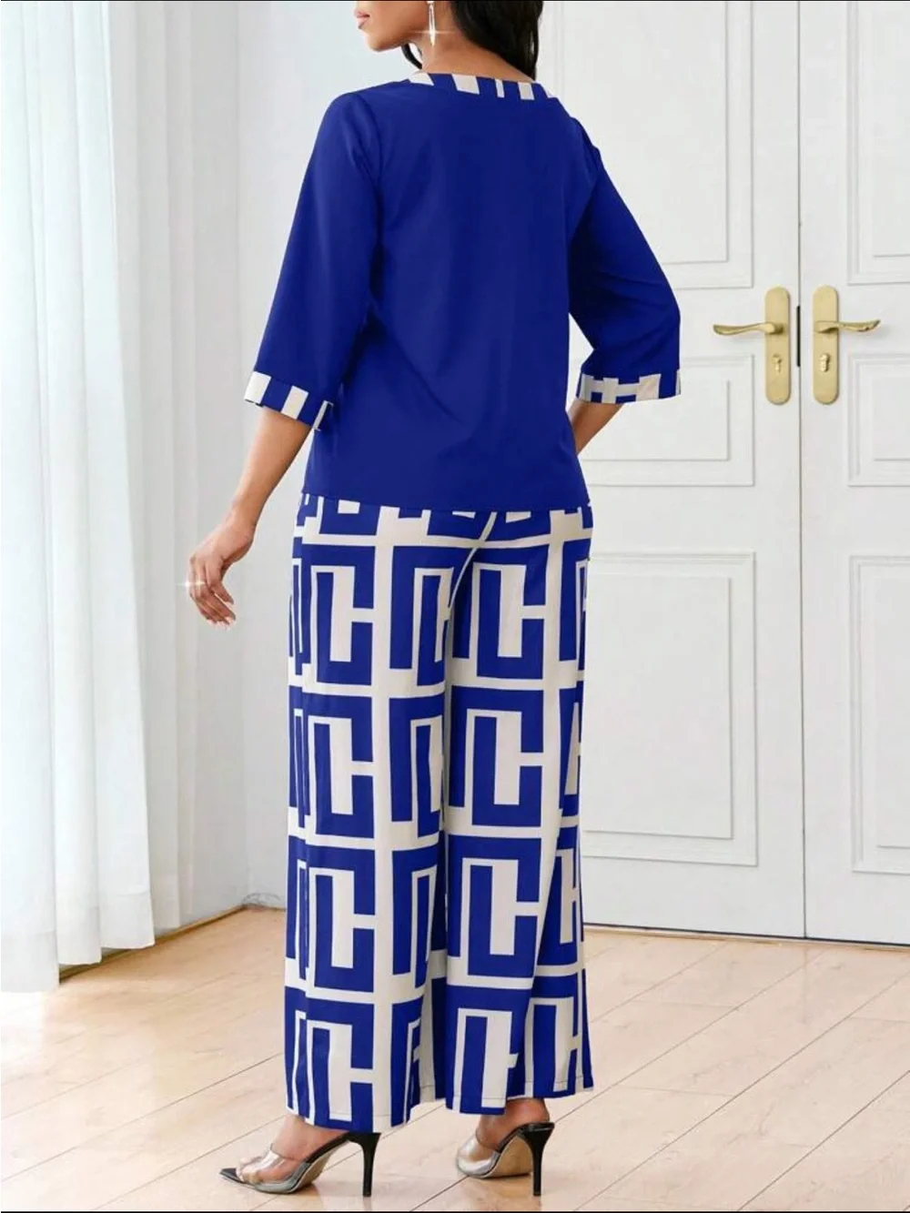 Sky Blue Geometric Wide Leg Pants Two-Piece Set